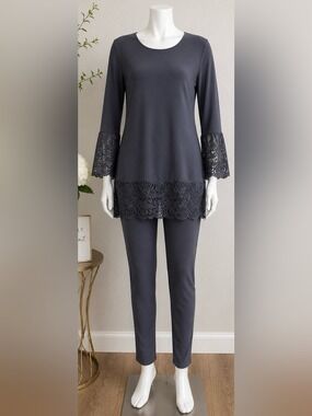Slinky Brand Black Lace Trim 2 Piece Pantsuit Set Dressy Stretch Tunic & Pants